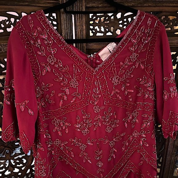 ROAMAN’S RUBY RED MAROON BURGUNDY BEADED SEQUINS LAYERED EVENING DRESS - Picture 3 of 7